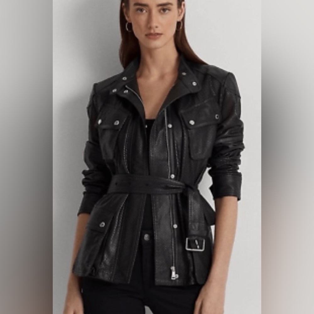 Black Leather S Moto Belt Coat Faux Fur Collar Giii 3/4 Mid Long Biker Vtg Y2K